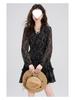 Chic Retro Floral Chiffon Dress: Petite Waist-Cinched Slim Black Style for Autumn & Winter