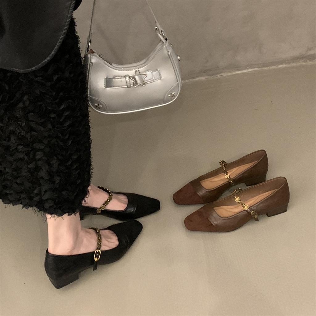 Thick heel chain Mary Jane shoes women's shoes spring and autumn 2025 new low heel light mouth word with retro single shoes
