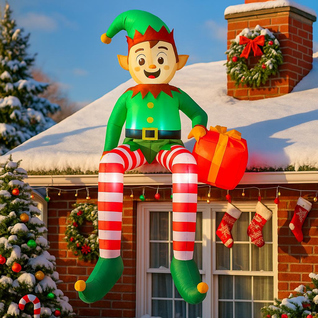 

8FT Christmas Inflatable Toys Decoration Sitting Elf Holding Gift Bag Blow Up Decor with LED Light Xmas Outdoor Inflatable Toys EU Plug