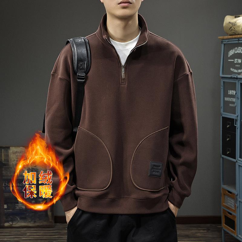 

Осенне-зимний плотный двухсторонний бархатный свитер со стоячим воротником, мужской американский ретро-топ, свободная спортивная куртка большого размера с полумолнией Tide 4XL