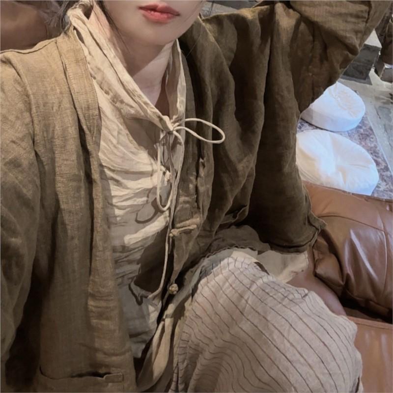 Johnature Woman Long Sleeves Solid Color Vintage Casual Tops