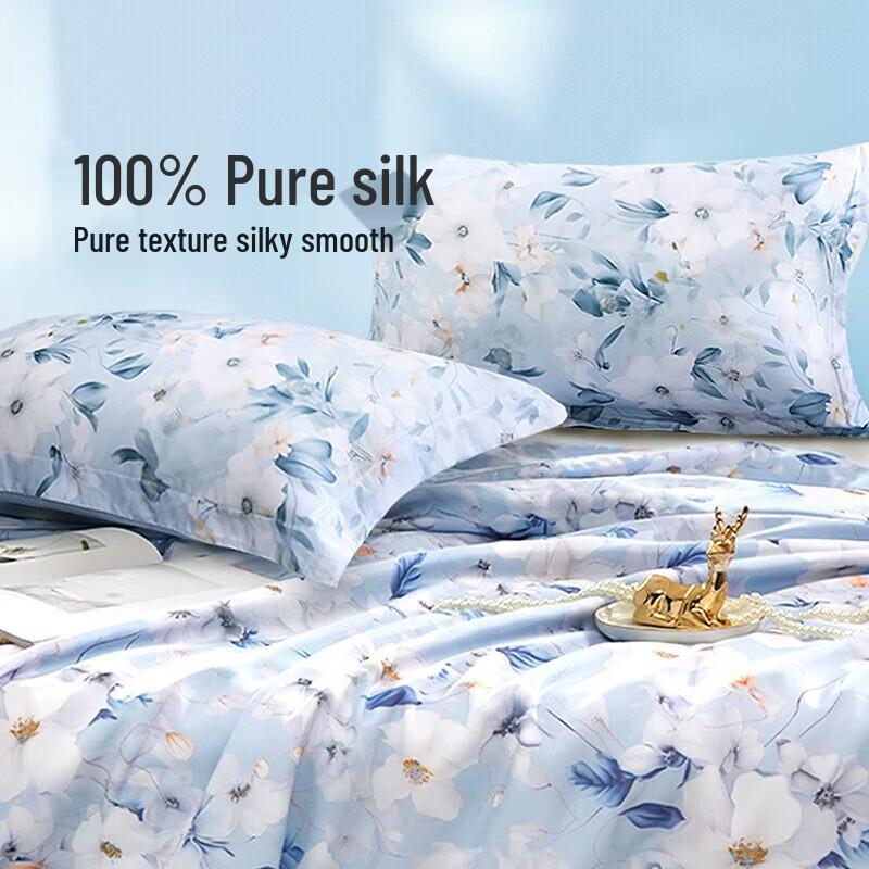 FUANNA Lightweight Mulberry Silk Summer Quilt, Blue Floral