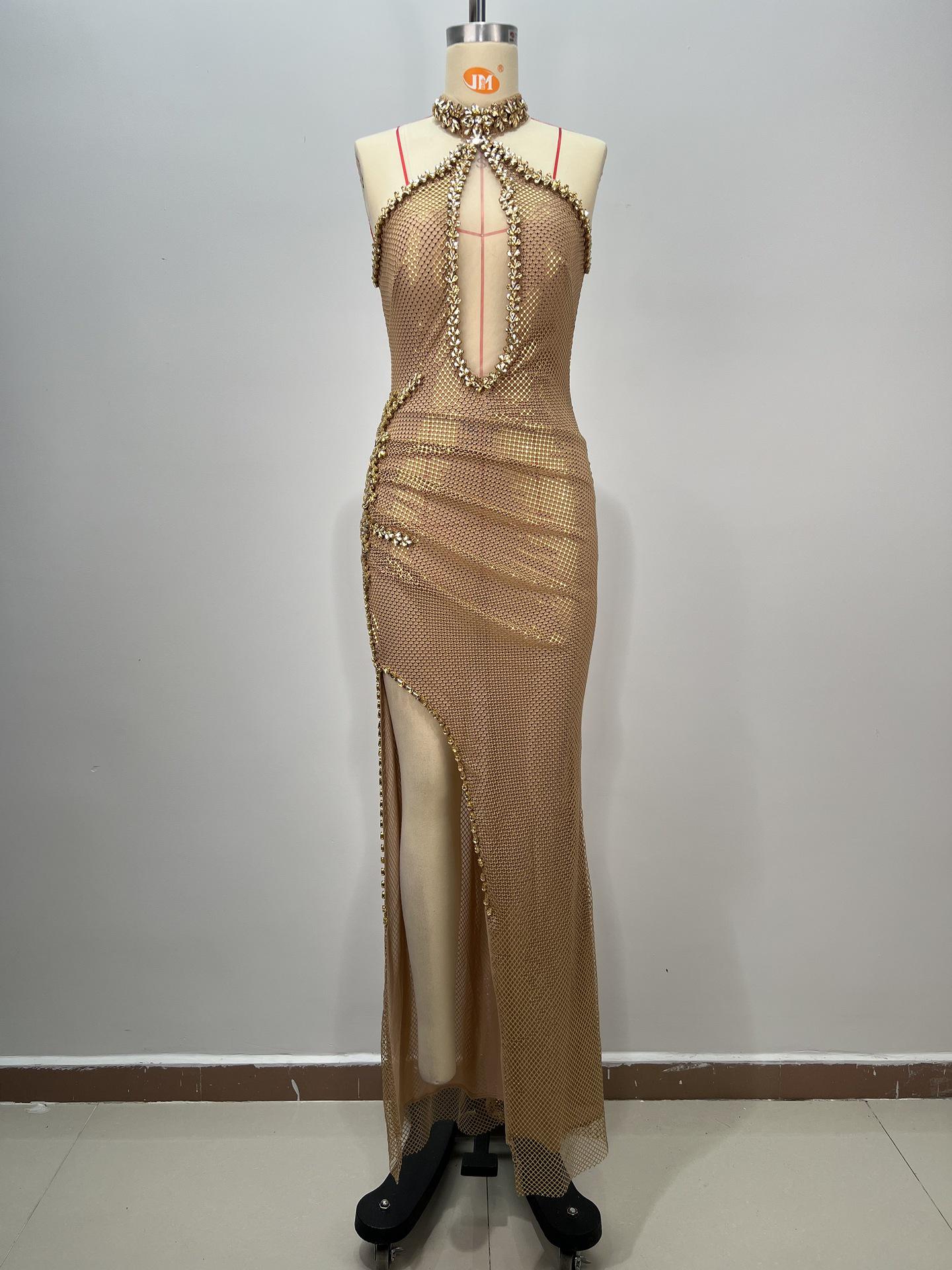 

2025 Весна/Лето Сексуальное Необычное Сетчатое Платье со Стразами и Разрезом для Вечера для Женщин L золотой