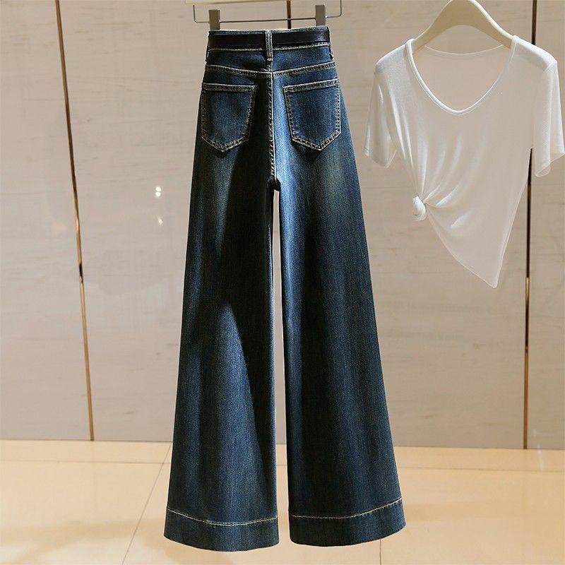 Women's High-waisted Jeans Spring Retro Stretch Loose Straight Jeans Wide-leg Pants