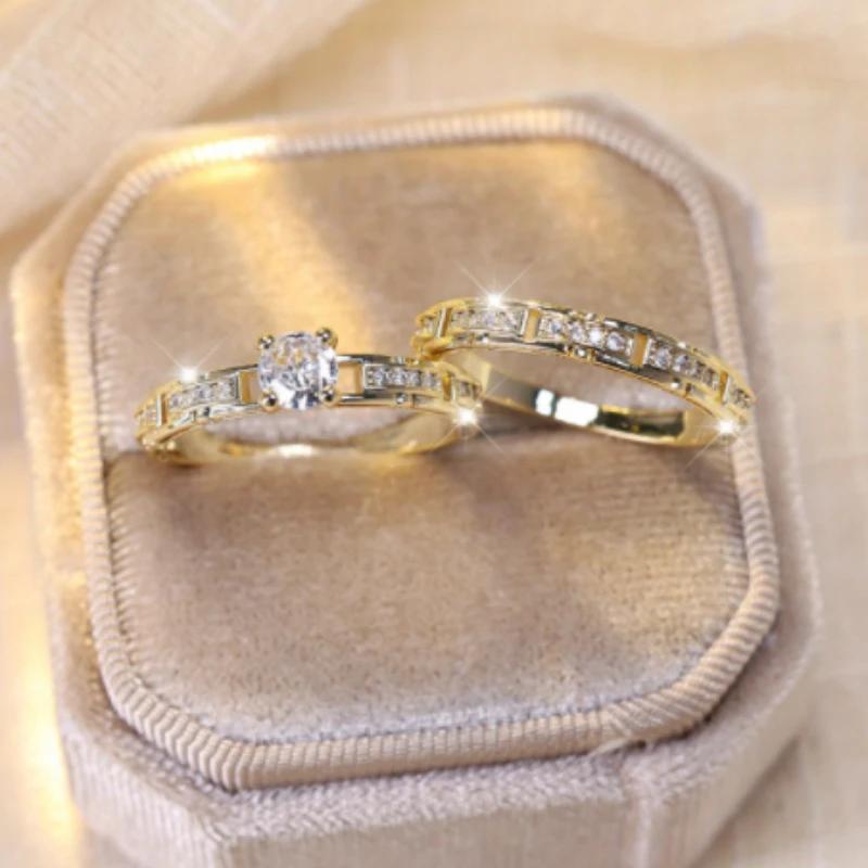 Fashion Sparkling Inlaid Zirconia Geometric Double Layer Ring Ladies Trend Wedding Party Jewelry Gift