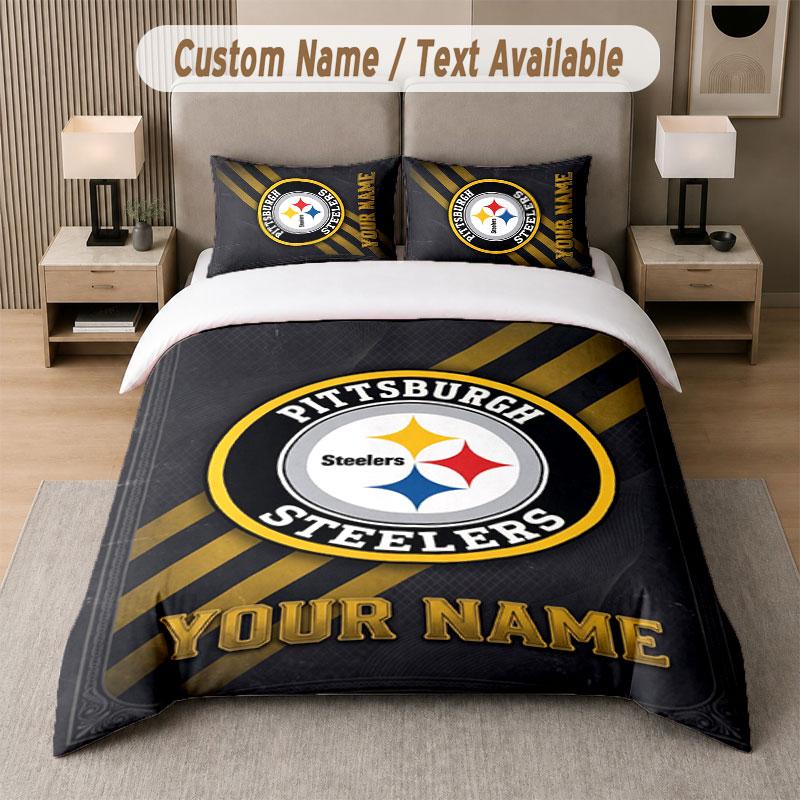 Custom Bedding Set Pittsburgh Steelers Pattern, Print Name Text 1 Duvet Cover Plus 2 Pillowcases Home Textile
