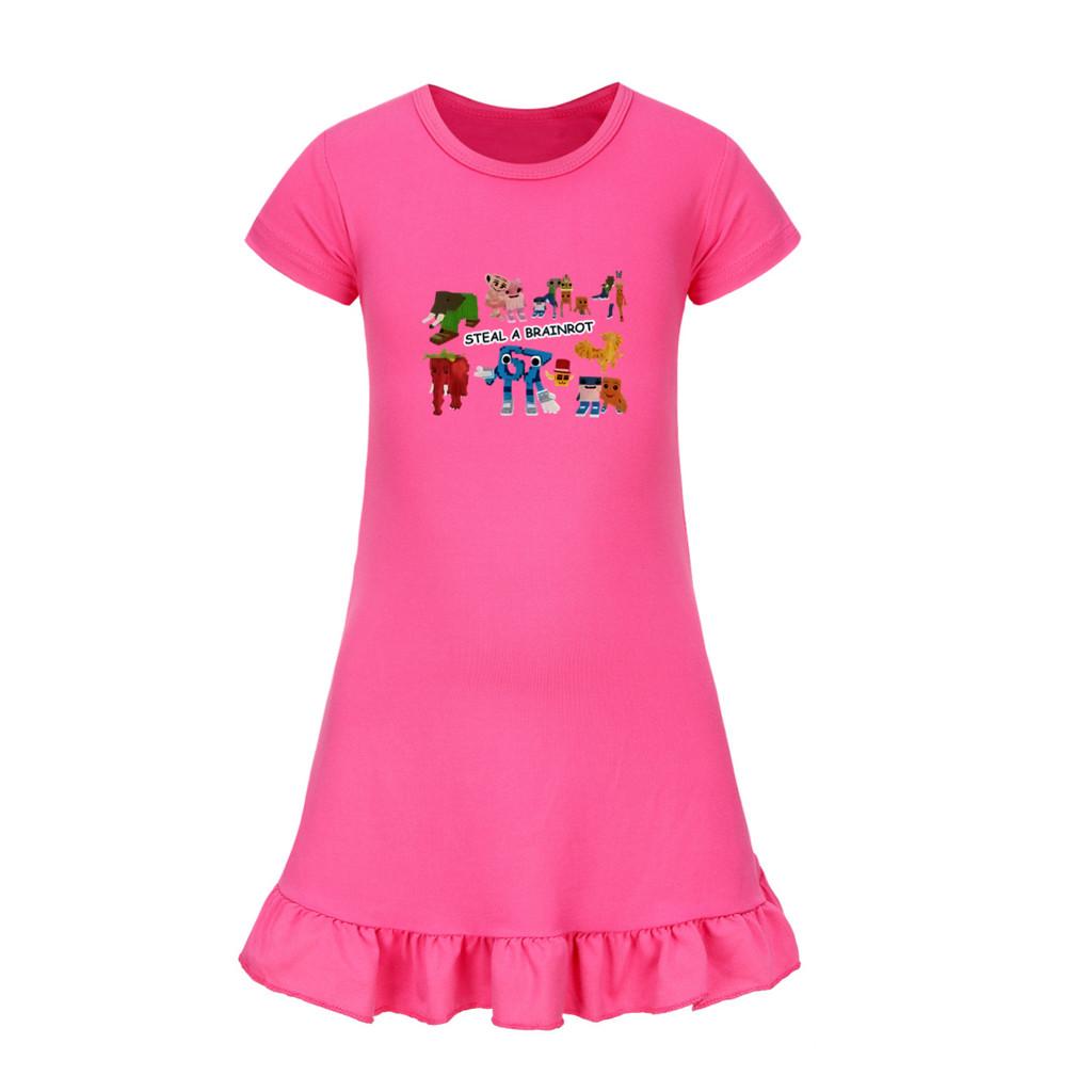 5214 Kids Girls Steal a Brainrot 67 Six Seven Printed Ruffle Short Sleeves Casual Dress
