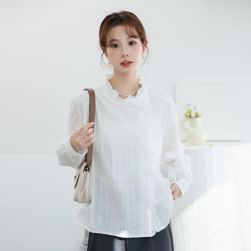 Women s White Lace Stand Collar Long Sleeve Shirt - French Retro Style for Spring 2026 Large белый