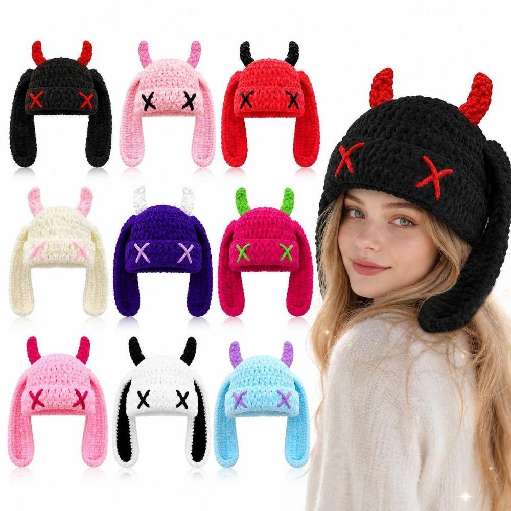 Soft Warm Little Devil Long Ears Cap Elastic Knit Warm Windproof Cap Cold Weather Wear