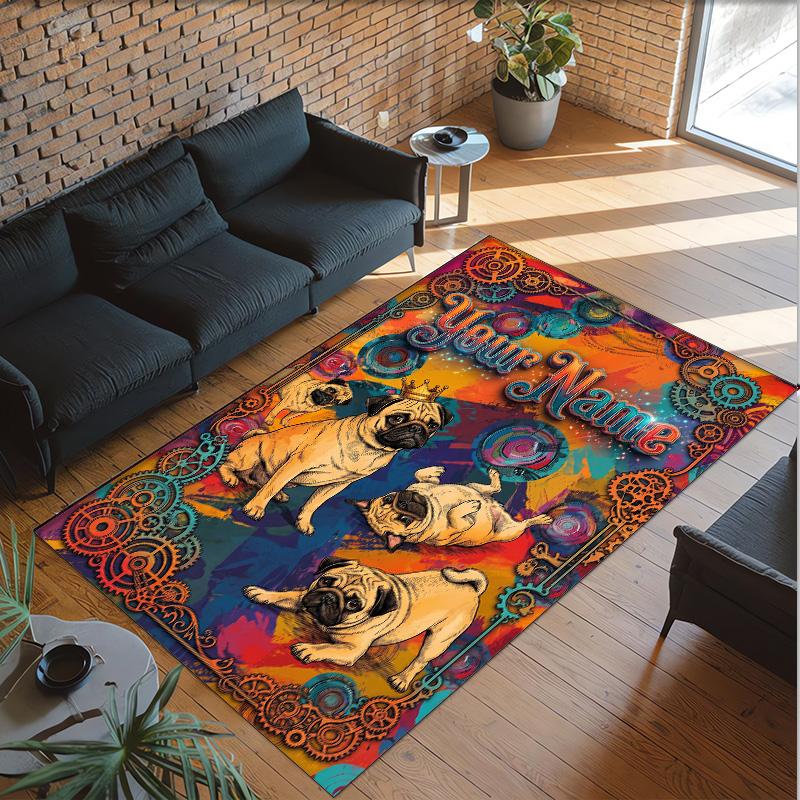 Pug Theme Crystal Velvet Floor Rug Personalized Custom Name Text Warm Carpet Home Decoration