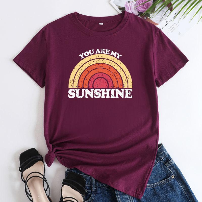 Summer YOU ARE MY SUNSHINE Rainbow Printed Cotton Loose Round Neck Women's Short Sleeved T-Shirts Women’s