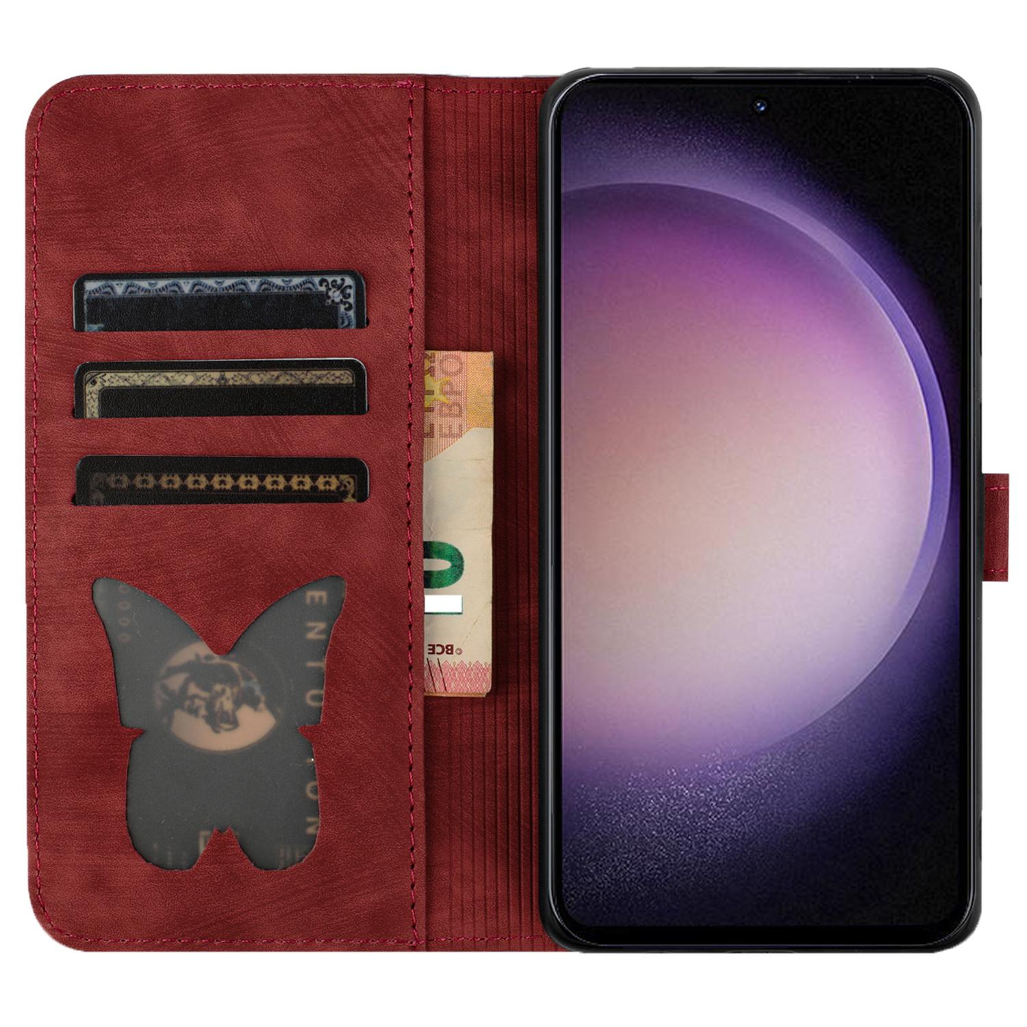 

For Samsung Galaxy S23 Case Butterfly Cat Imprinting Leather Folio Phone Cover Red