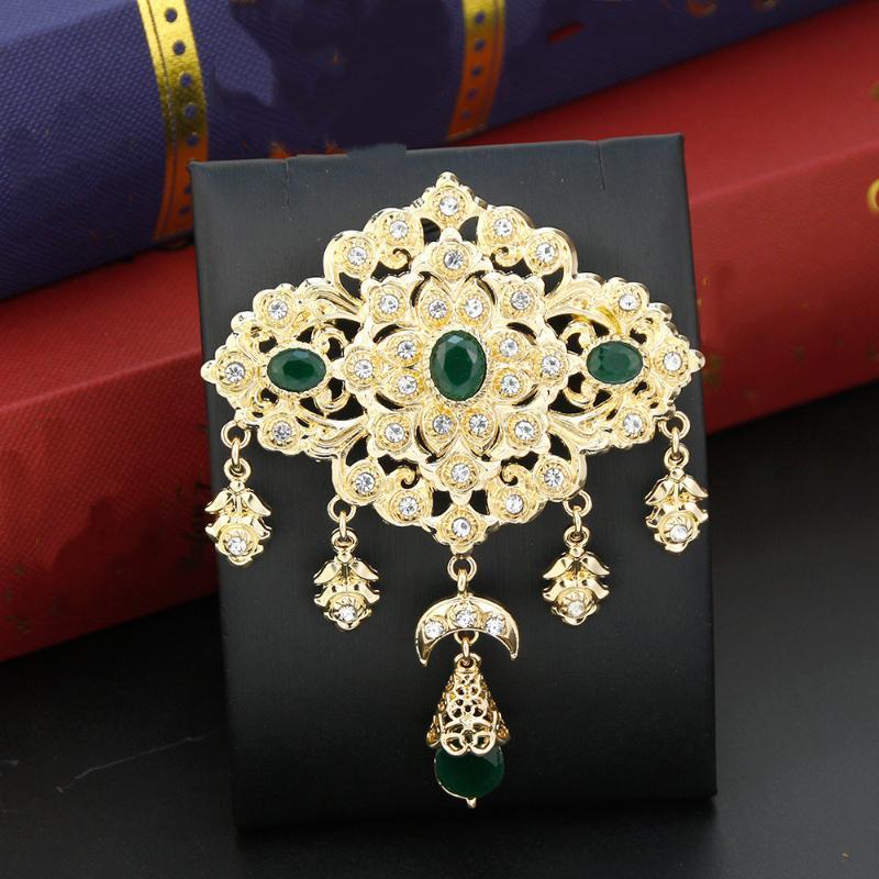 Scratch Resistant Crystal Women Brooch Gold Tone Morocco Jewelry for Arabic Hijab Silk Scarf Long Lasting Shine