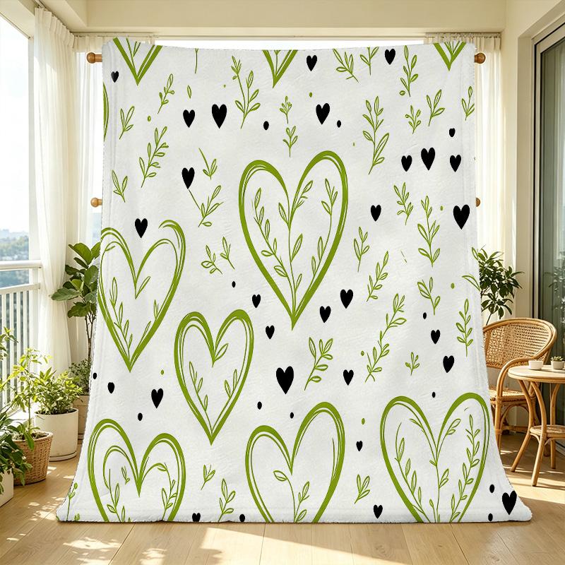Soft Flannel Blanket Solid Color with Heart & Plant Pattern, Skin-Friendly Throw for Home, Cozy Room Decor & Valentine’s Day Gift