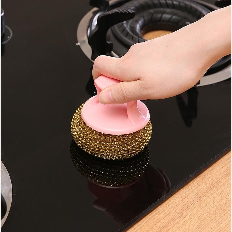 Kitchen Cleaning Brush with Handle Interchangeable Head Pot Brush Multi-purpose Dish Brush Cleaning Ball Steel Ball