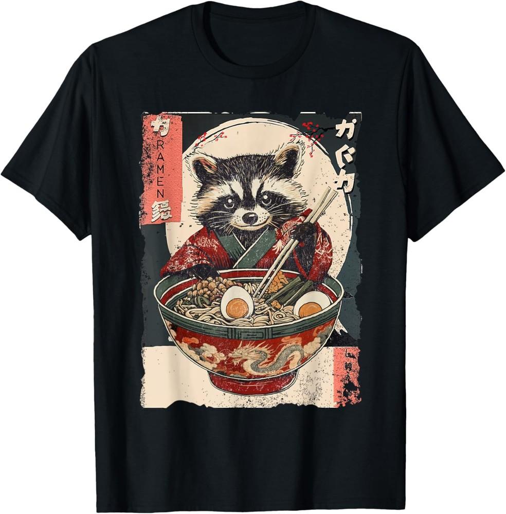 Retro Funny Racoon Eating Ramen Japanese Cat Meme Animals T-Shirt Unisex T-Shirt M