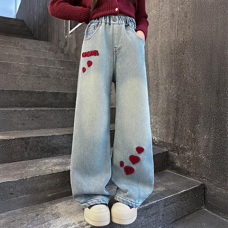 Girls' Pants Children's Light Colored Jeans Spring and Autumn Girls' Straight Leg Wide Leg Pants Loose