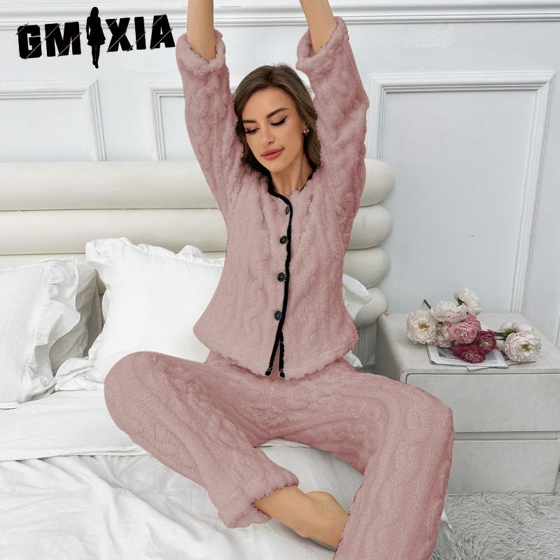 GMXIA Simple Leisure Solid Colour Home Wear Pajamas Suit Striped Pajamas Women Long Sleeves and Trousers Can Be Worn Outside