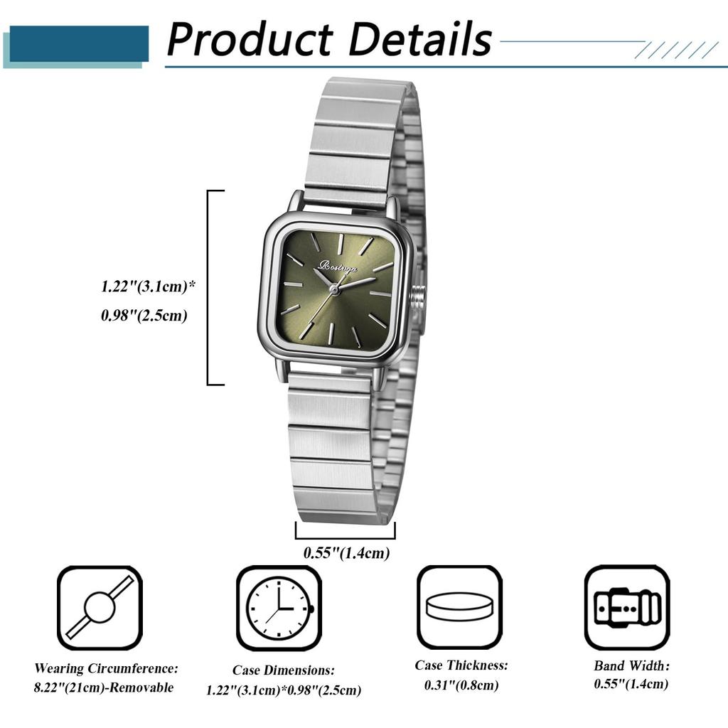 Cute Square Stainless Steel Adjustable Quartz Fashion Watch Perfect for or as a Gift for Her Women's Watch, Waterproof Strap, Length, Movement, -