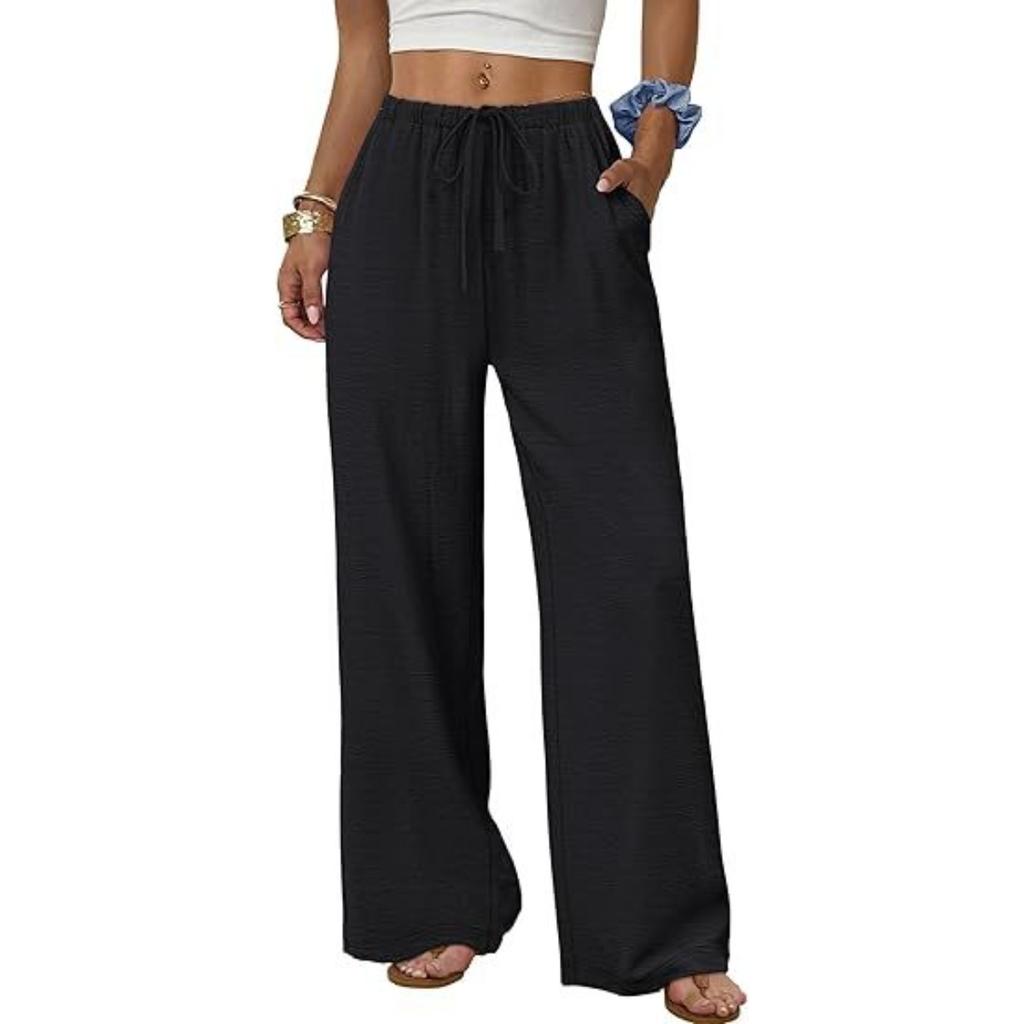 Damen Elastische Kordelzug Taille Seitentasche Weites Bein Hose Lockerer Schnitt Unifarben Bedruckt Palazzo Lässige Hose