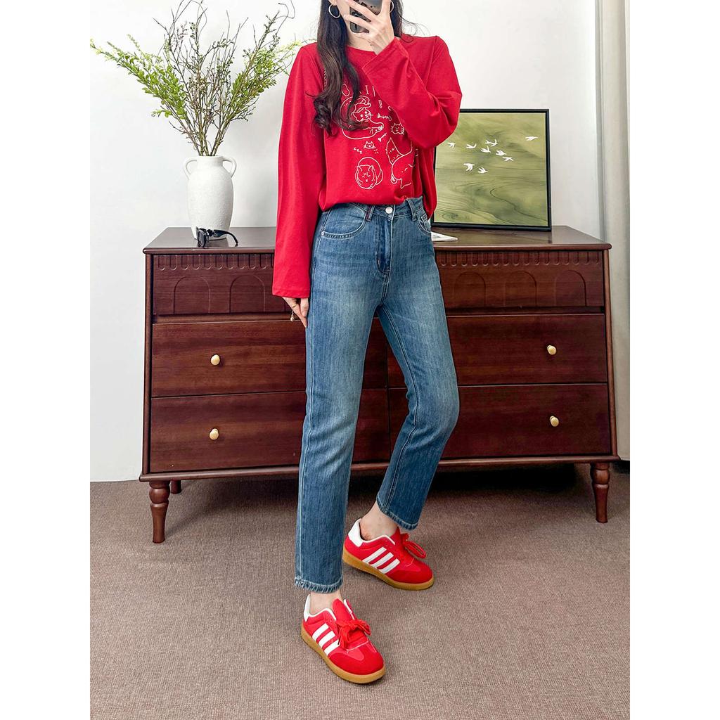 Women's High Waist Ankle Straight Leg Jeans Regular Fit Minimalist Embroidered Medium Stretch Cropped Denim Pants Spring Office Trousers