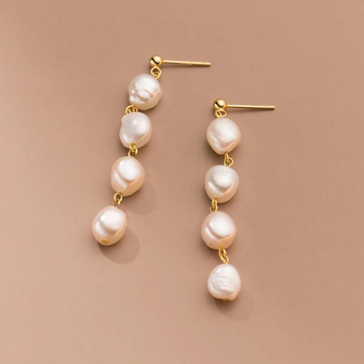 French 14K Gold Plated Copper Freshwater Pearl Long Tassel Drop Earrings For Women Casual Jewelry