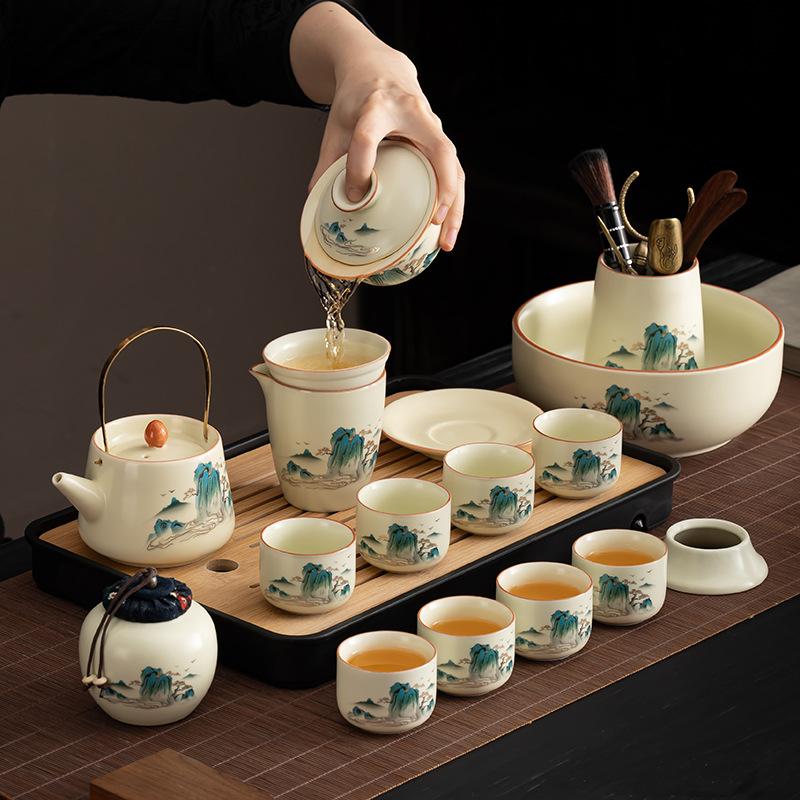 Chinese Ru Kiln Splendid Mountains and Rivers Kung Fu Tea Set Household High-end Brewing Teapot with Tea Tray Business Meeting