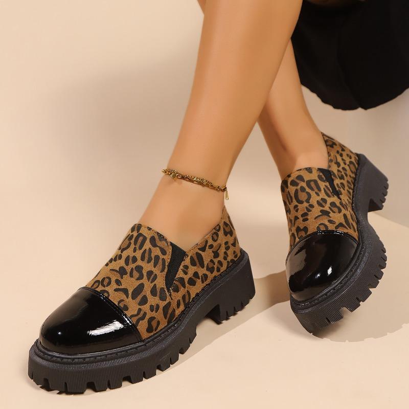 Fashion Color Block Loafers Women's Fashion Round Toe Leopard Print Cover Foot Platform Non-Slip Block Heel Single Shoes