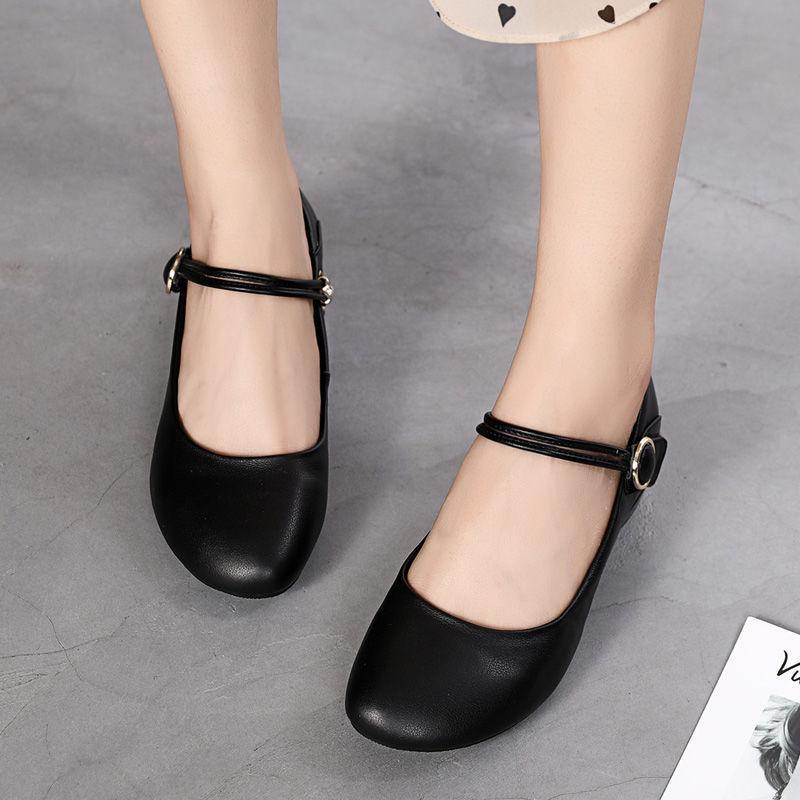 2025 spring and autumn shallow mouth soft sole mother shoes versatile soft leather Doudou shoes thick heel women's leather shoes round head low heel