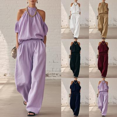 New Summer Women's Off-the-Shoulder Halter Top and High-Waisted Wide-Leg Pants Casual Set
