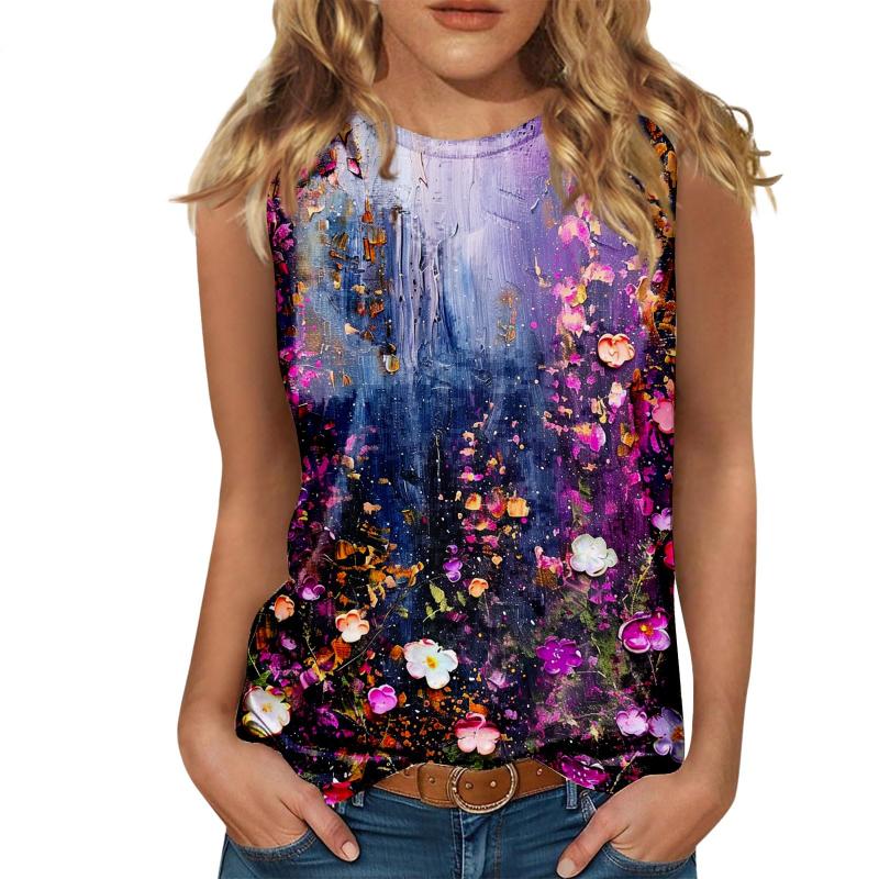 Floral Oil Painting 3D Print Tank Tops Women O-Neck Casual Vest Off Shoulder Y2k Elegant Sleeveless Top Camisole Woman Clothing