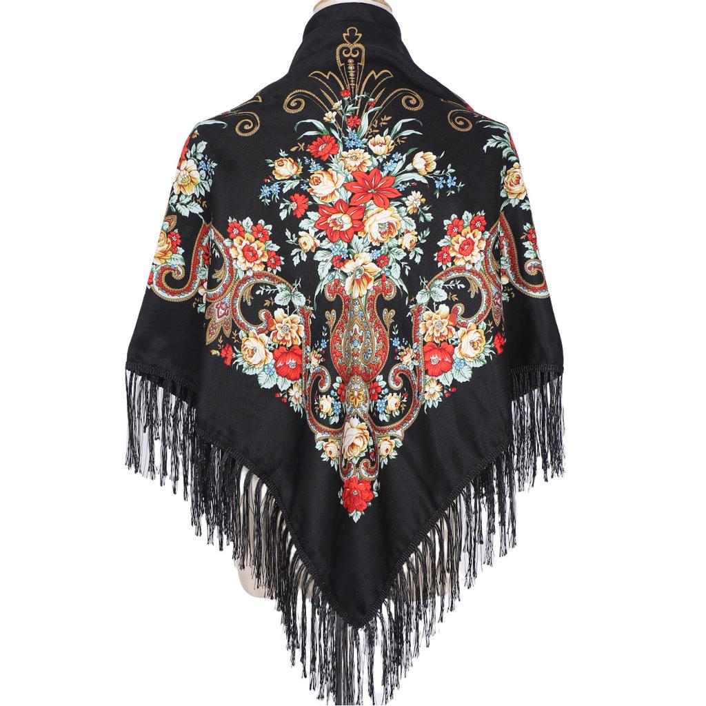 130*130cm Women Luxury Floral Print Square Scarves Russian National Fringed Shawl Traditional Ukrainian Babushka Head Wraps