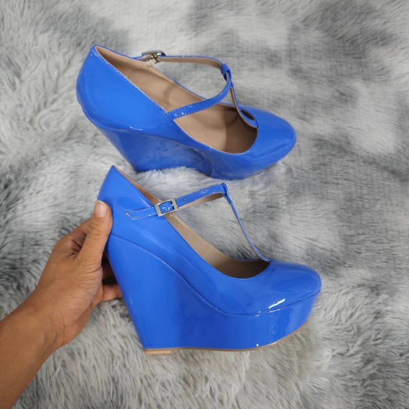 2025 New Autumn Winter Women Pumps 14cm Round Toes T-Strap Platform Wedge High Heels Gladiator Ladies Dress Party Wedding Shoes