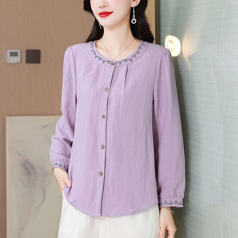 Women Literary Retro Embroidered Cotton Long Sleeve Shirt