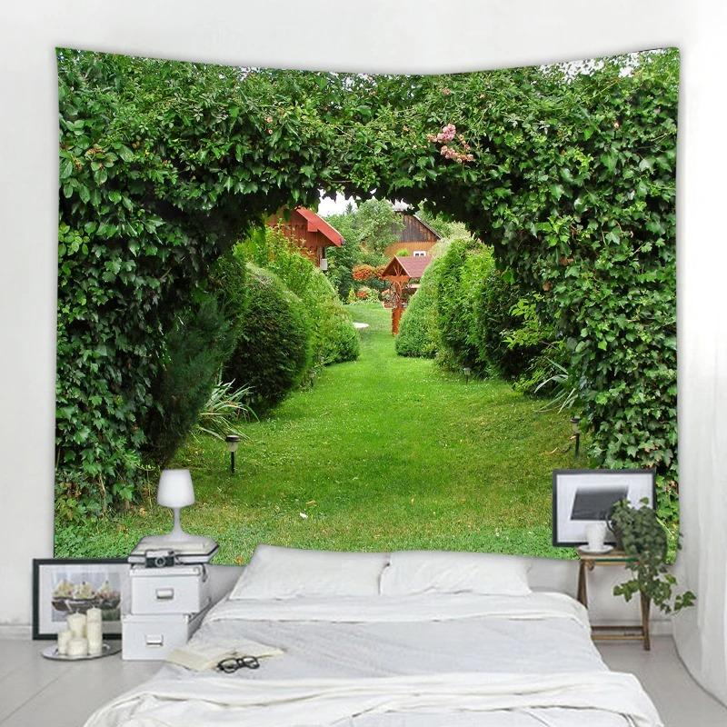Garden Printed Tapestry Arched Flower Door Pattern Hanging Cloth Home Decoration Bedroom Living Room Wall Background Cloth
