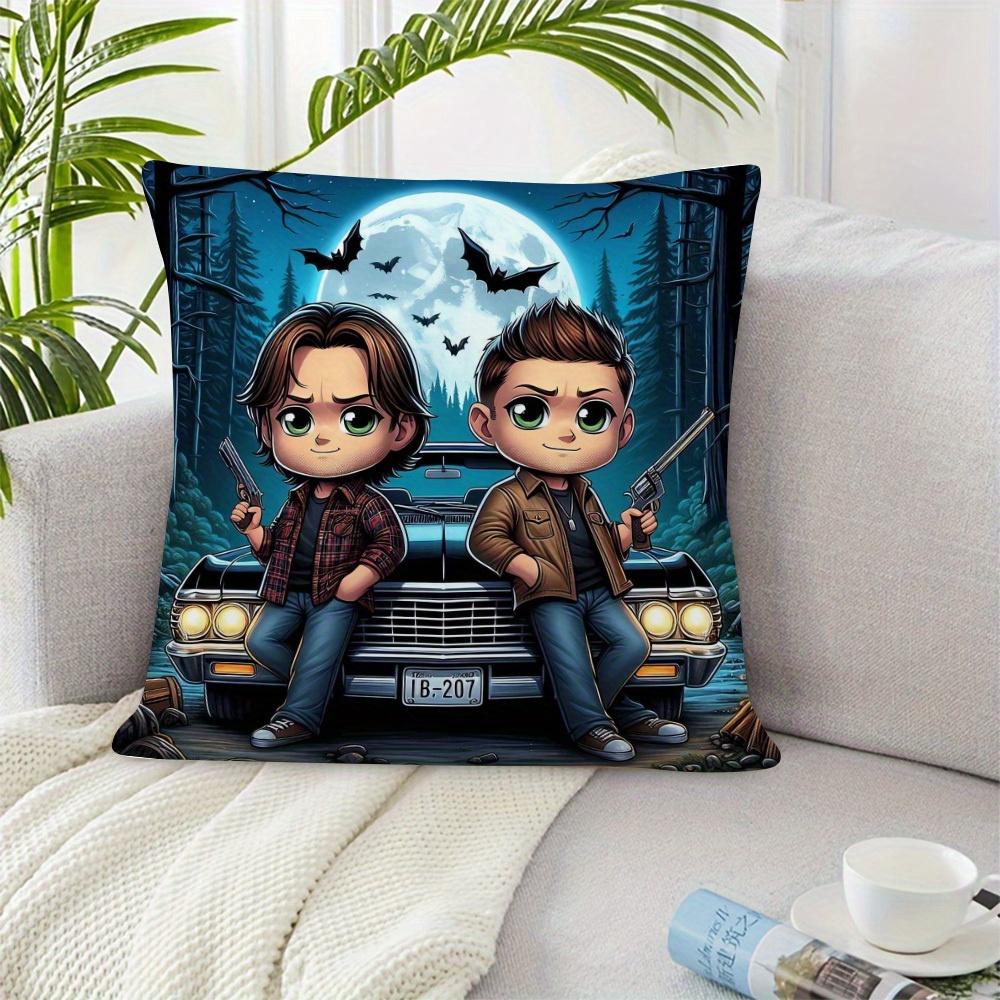 1Pc Chibi Supernatural Sam & Dean Pillow Cover, 2D Double-Sided Print Polyester Throw Pillow Case, Impala & Moonlit Forest Decor