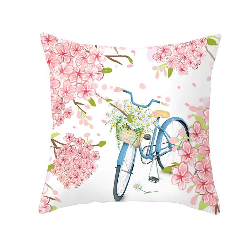 Valentine's Day Bicycle Flower and Grass Print Cushion Cover Home Living Room Sofa Decoration Pillow
