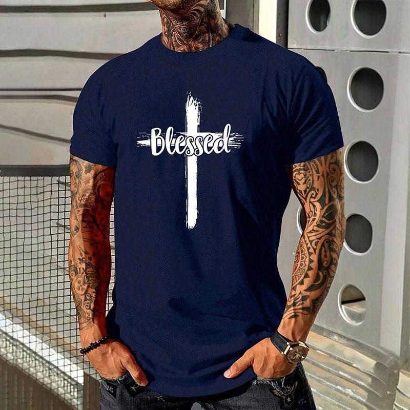 New Men's Fashion Short-sleeved Shirt Summer Comfortable Breathable Cross Print Round Neck T-shirt Sports Fitness Short-sleeved