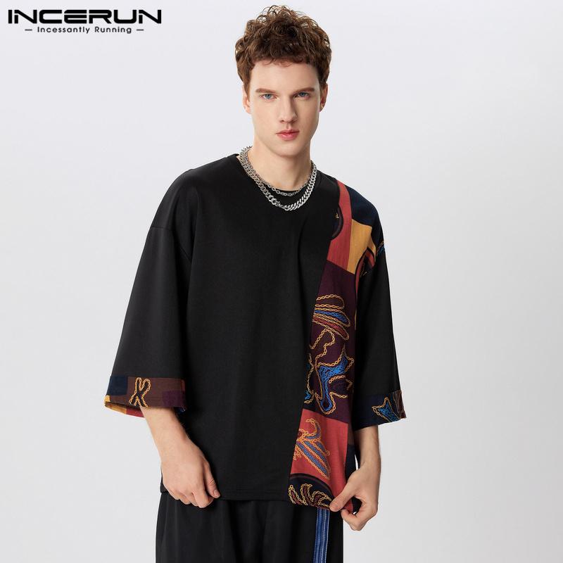 

INCERUN Мужская футболка с коротким рукавом в стиле пэчворк Повседневные летние топы с винтажным принтом M чёрный