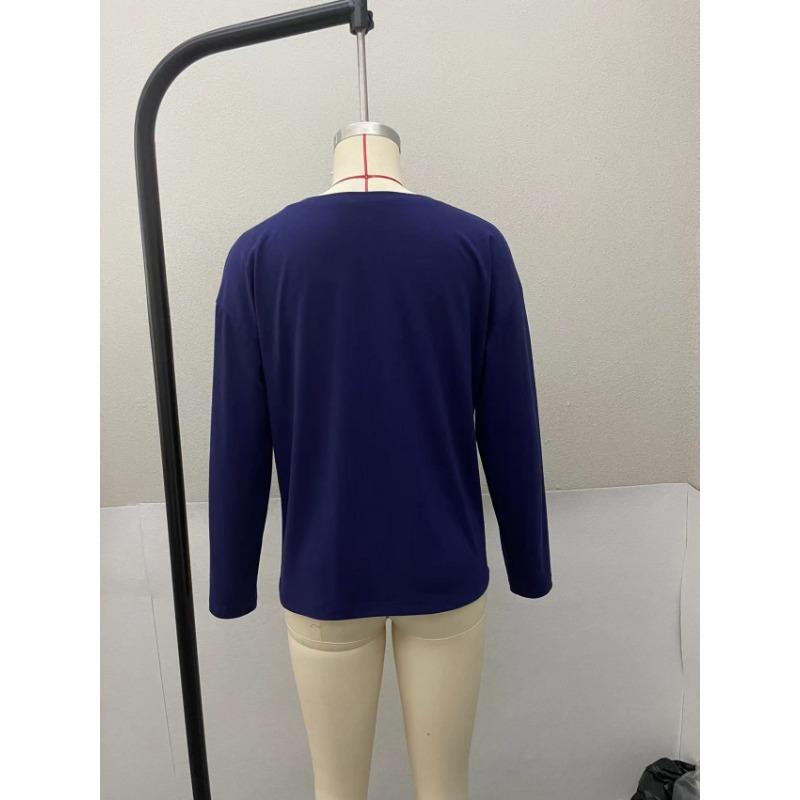 Women Casual Comfortable V Neck Long Sleeve Heart Print T Shirt