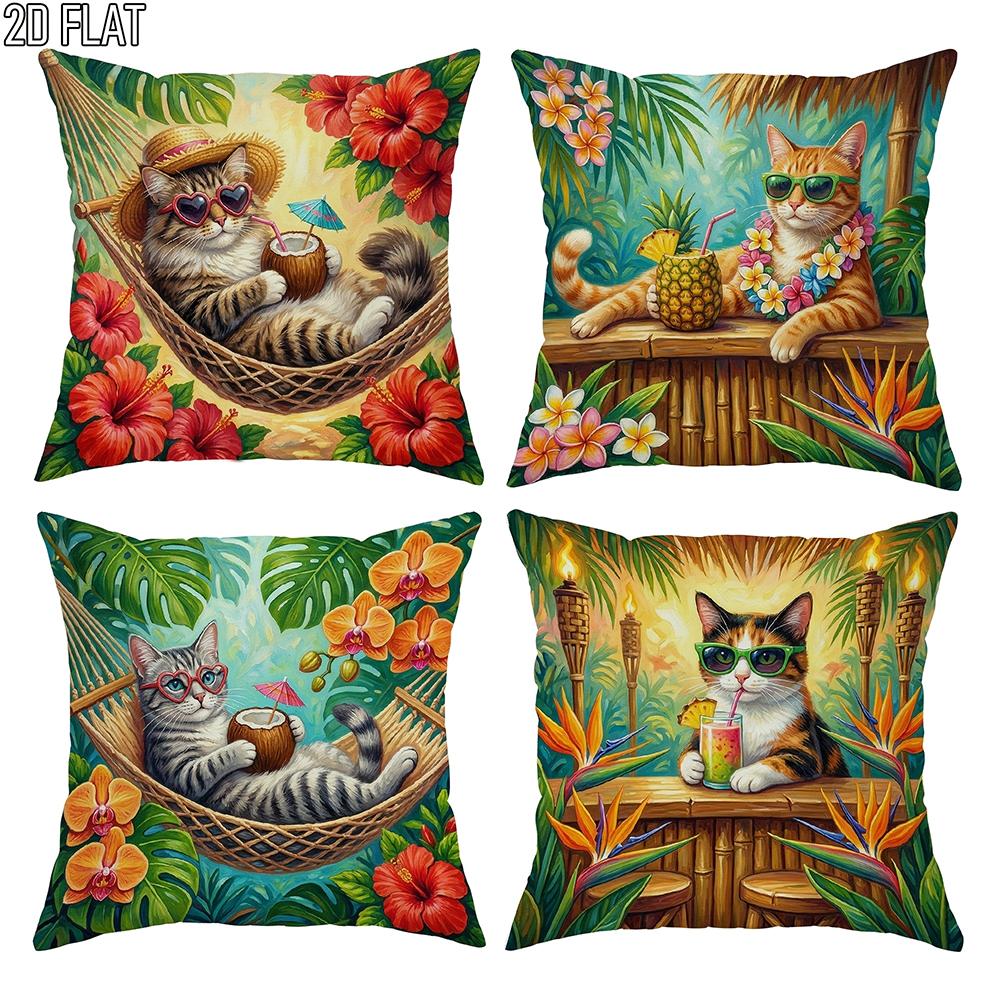 1/4pcs Tropical Vacation Cat Throw Pillow Covers Set of 4 Home farmhouse outdoor decoration cushion cover