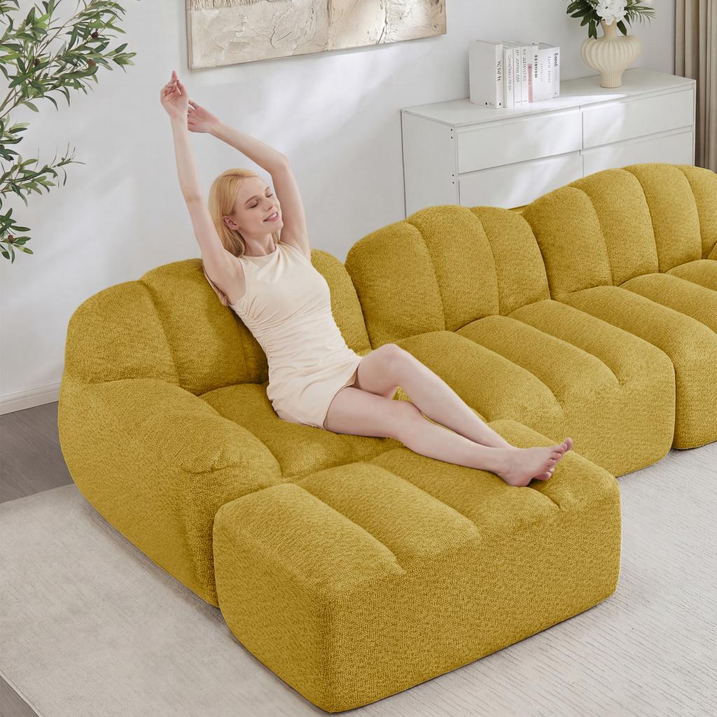 2-Seater L-Shaped Modular Boneless Sofa, Shell Shape, Deep Seat Cushions with 1 Ottoman, Sofa for Living Room, No Assembly Required, Yellow
