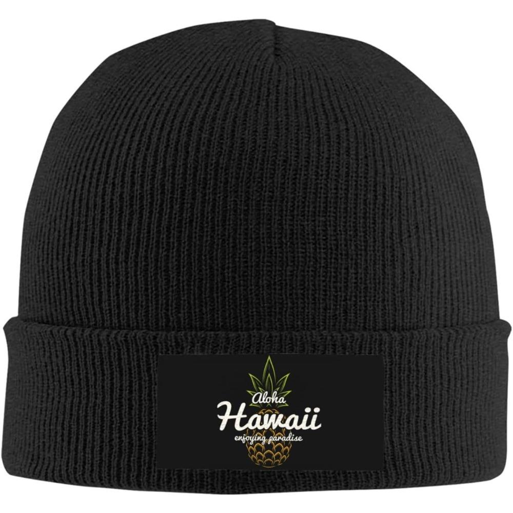 Black Knitted Beanie with Aloha Hawaii Pineapple Patch Winter Warm Hat for Unisex Women Tropical Paradise Print Skull Cap