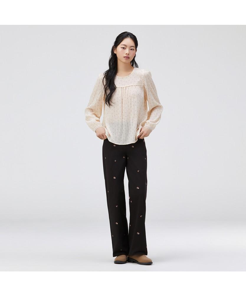 THURSDAY ISLAND Round Neck Yoke Shirred Blouse_T262Mbl151W