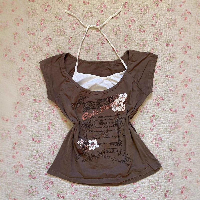 

Millennial Hot Girl Y2K Brown Top Vintage Vintage Hot Girl Slim Fit Ultra-Short Sleeve Fake Two-Piece Top Camel Faux Two-Piece M
