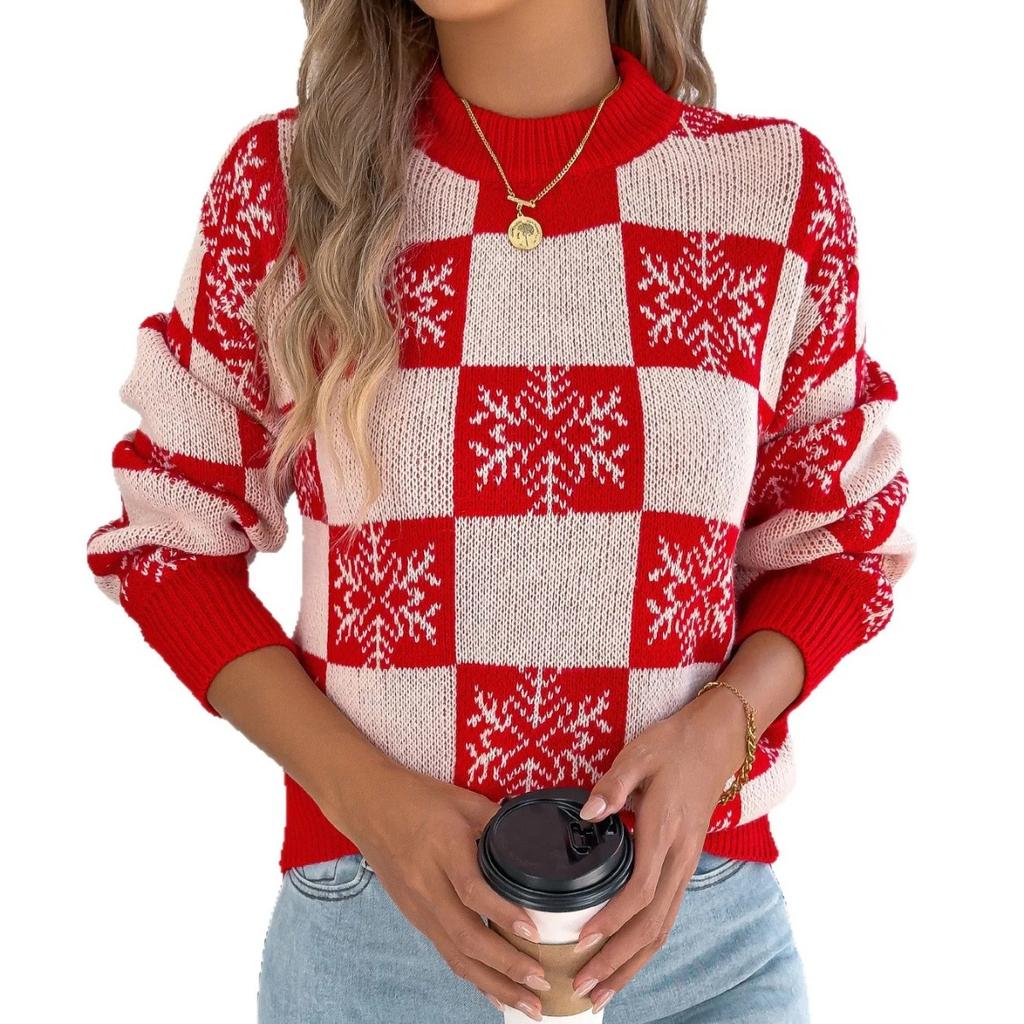Autumn Winter Snowflake Checkered Knitted Sweaters Lantern Pullover Sweater Women's Christmas Sweater