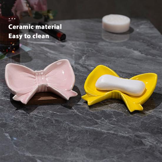 Bow Soap Dish Bathroom Ceramic Soap Holder with Self Draining No Water Accumulation Soap Tray for Home Dormitory Washbasin Bathroom Shelf