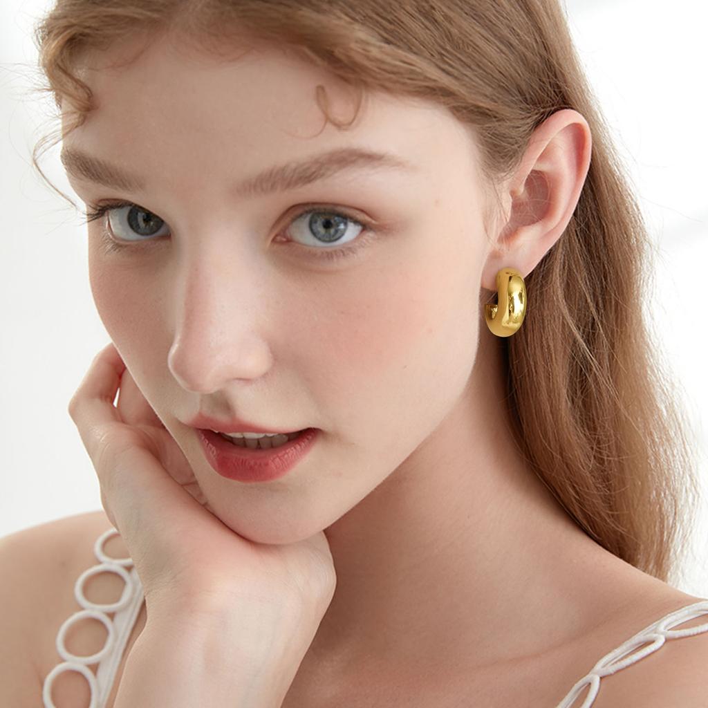 Thick Hoop Earring for Women, Chunky C-Shape Earrings Stainless Steel Open Hoops