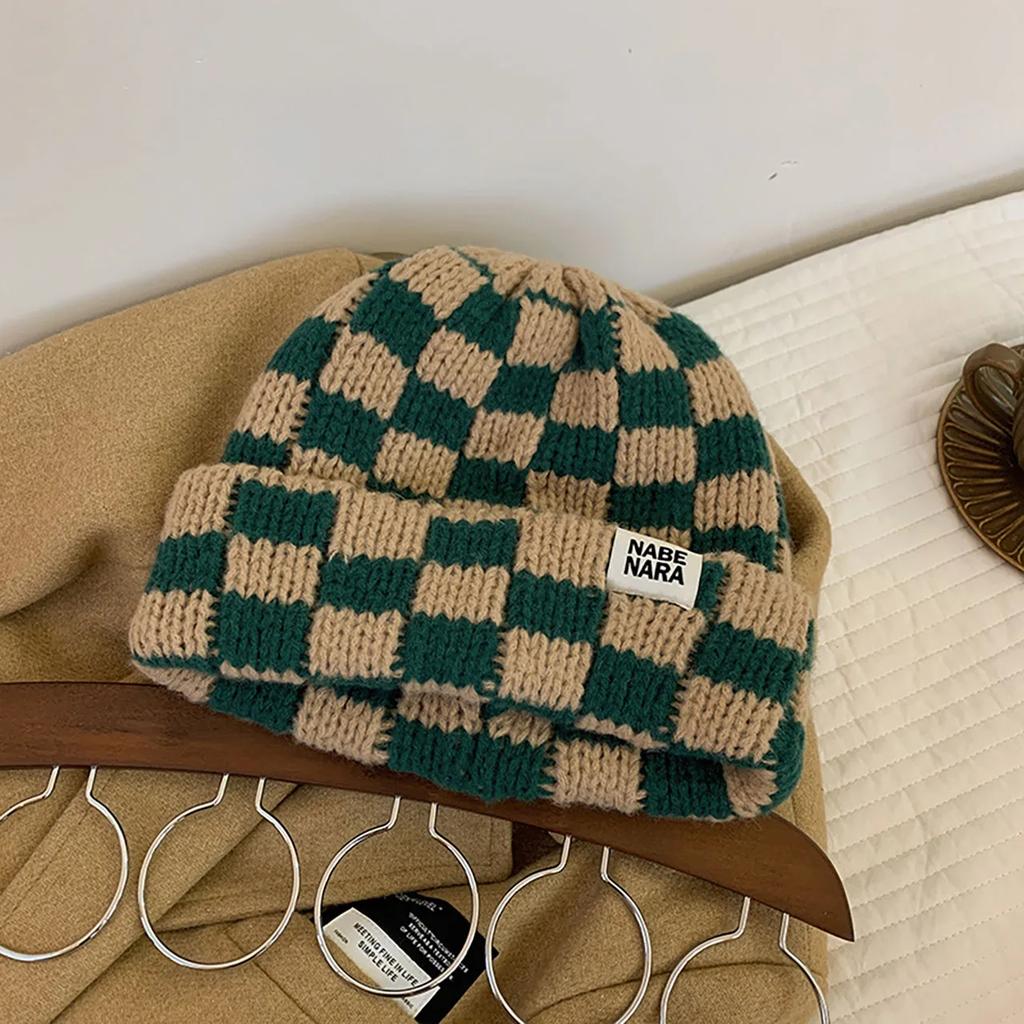 Vintage Plaid Beanie Cap for Women Autumn Winter Warm Knitted Woollen Hat Outdoor Anti-cold Skullies Caps