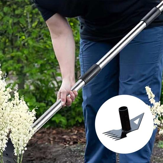 2-in-1 Unkrautrechen Langer Griff Unkrautzieher Aufstehendes Unkrautwerkzeug Robuster Handrechen Gartenhacke Manuelles Unkrautvernichtungswerkzeug für Rasen Garten Terrasse
